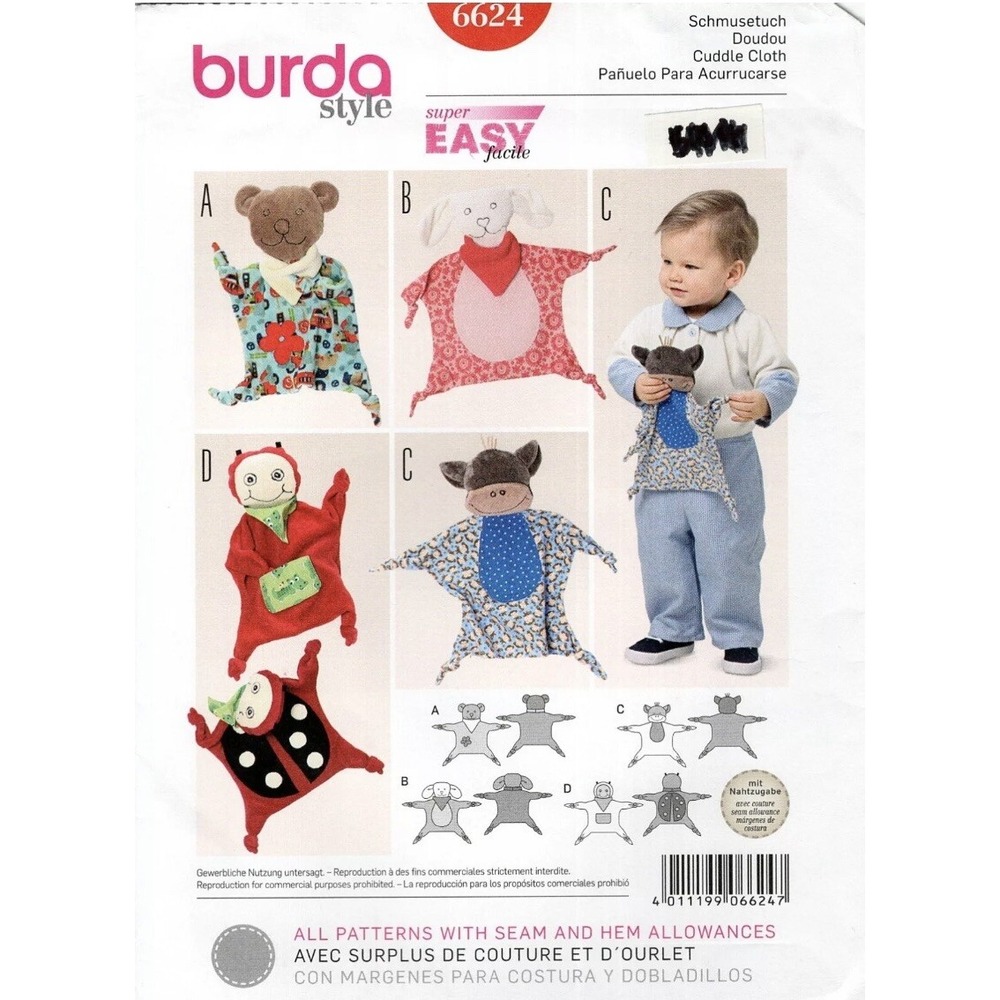 Burda 6624 CUDDLE CLOTH Toy Bear, Lamb, Monkey, Ladybug UNCUT Pattern